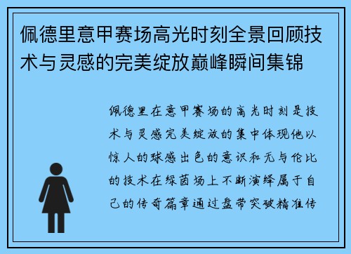 佩德里意甲赛场高光时刻全景回顾技术与灵感的完美绽放巅峰瞬间集锦