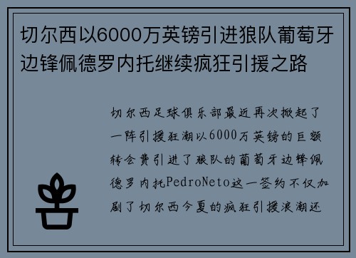 切尔西以6000万英镑引进狼队葡萄牙边锋佩德罗内托继续疯狂引援之路