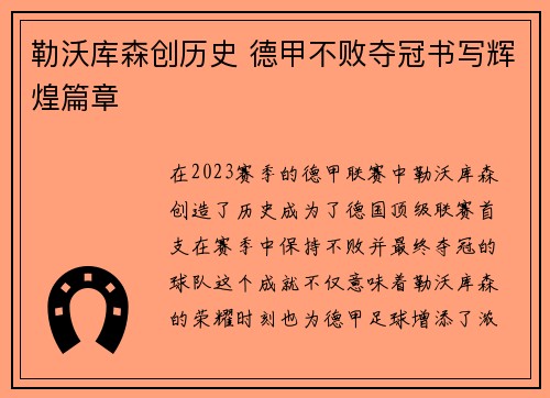 勒沃库森创历史 德甲不败夺冠书写辉煌篇章