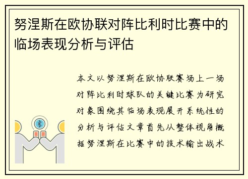 努涅斯在欧协联对阵比利时比赛中的临场表现分析与评估